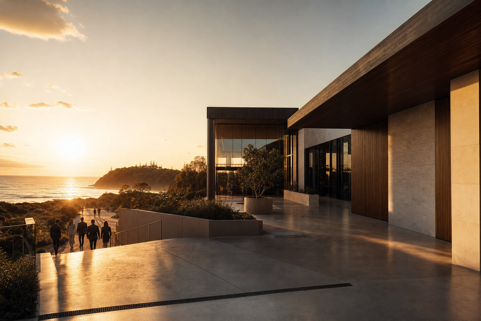 The Gold Coast venue for the BBNA Exchange 2027 at golden hour, with ocean views and sophisticated professionals arriving