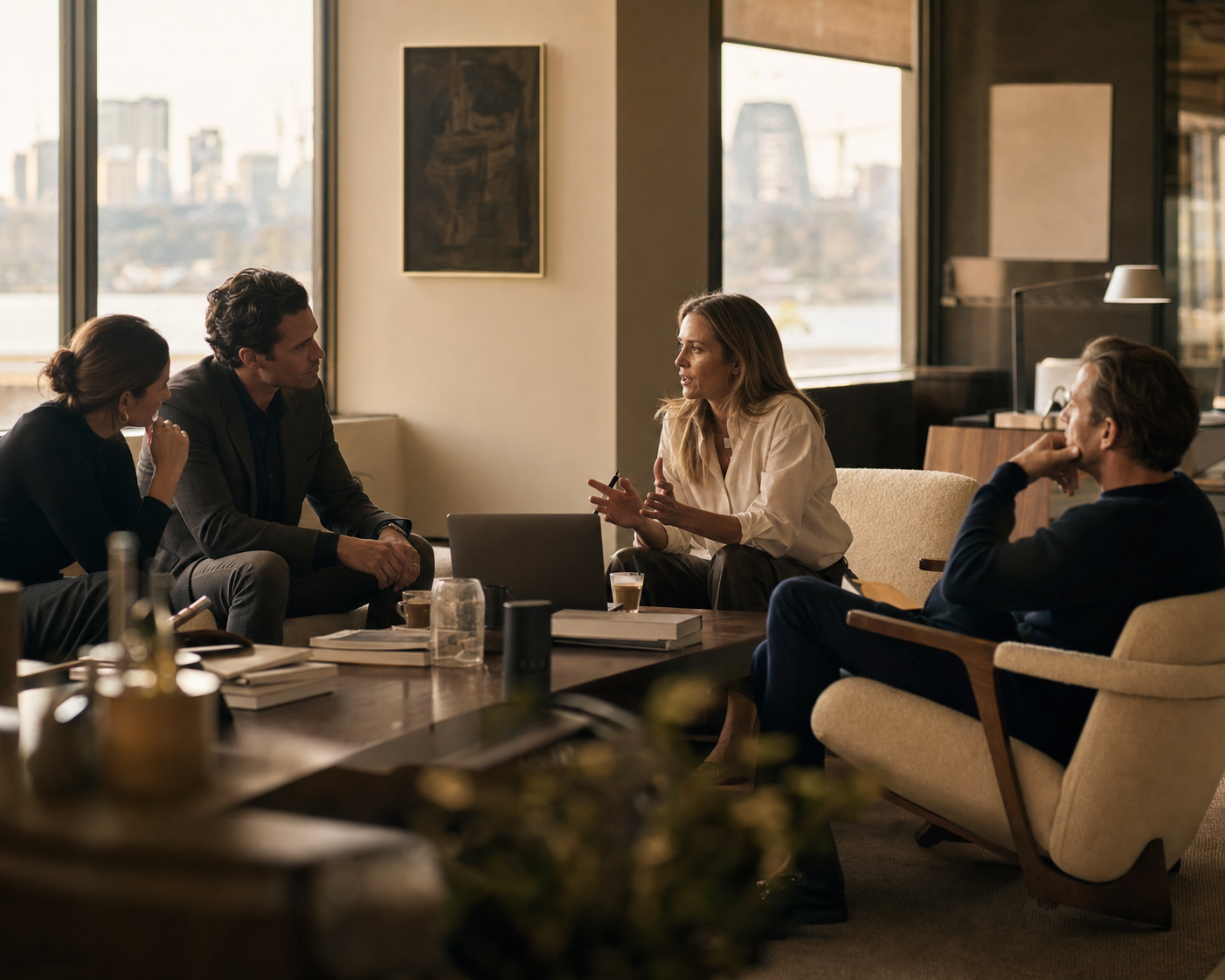 A peer group of Australian business brokers in an animated working session in a modern coworking lounge
